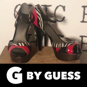 G By GUESS Zebra, Red & Metallic Platform Heels
